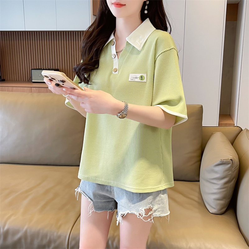 Real shot of waffle contrasting color POLO collar short-sleeved T-shirt for women