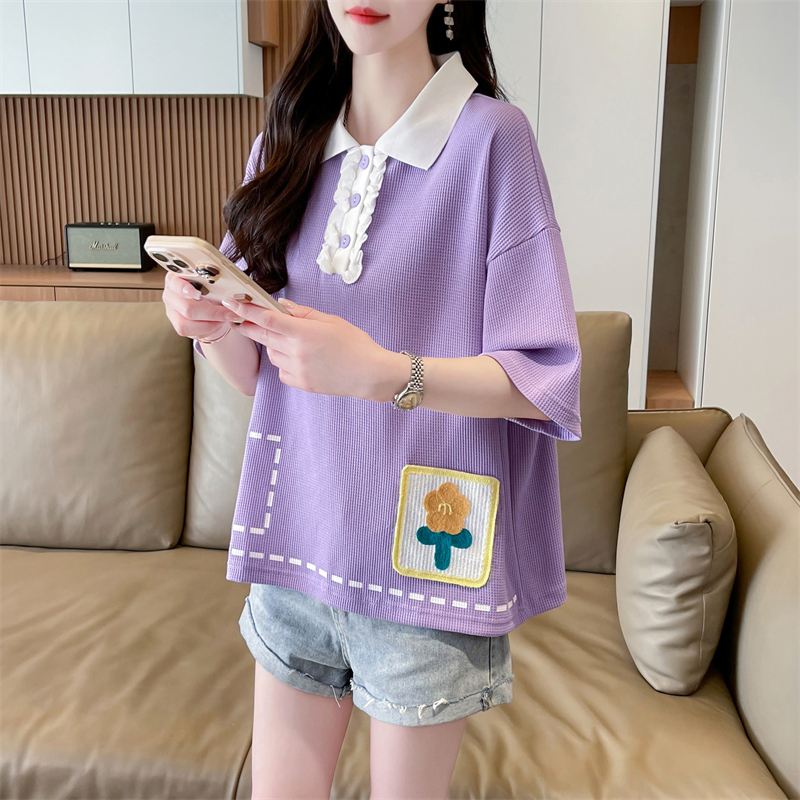First release real shot waffle 100 polyester backpack POLO collar short summer new short-sleeved T-shirt for women