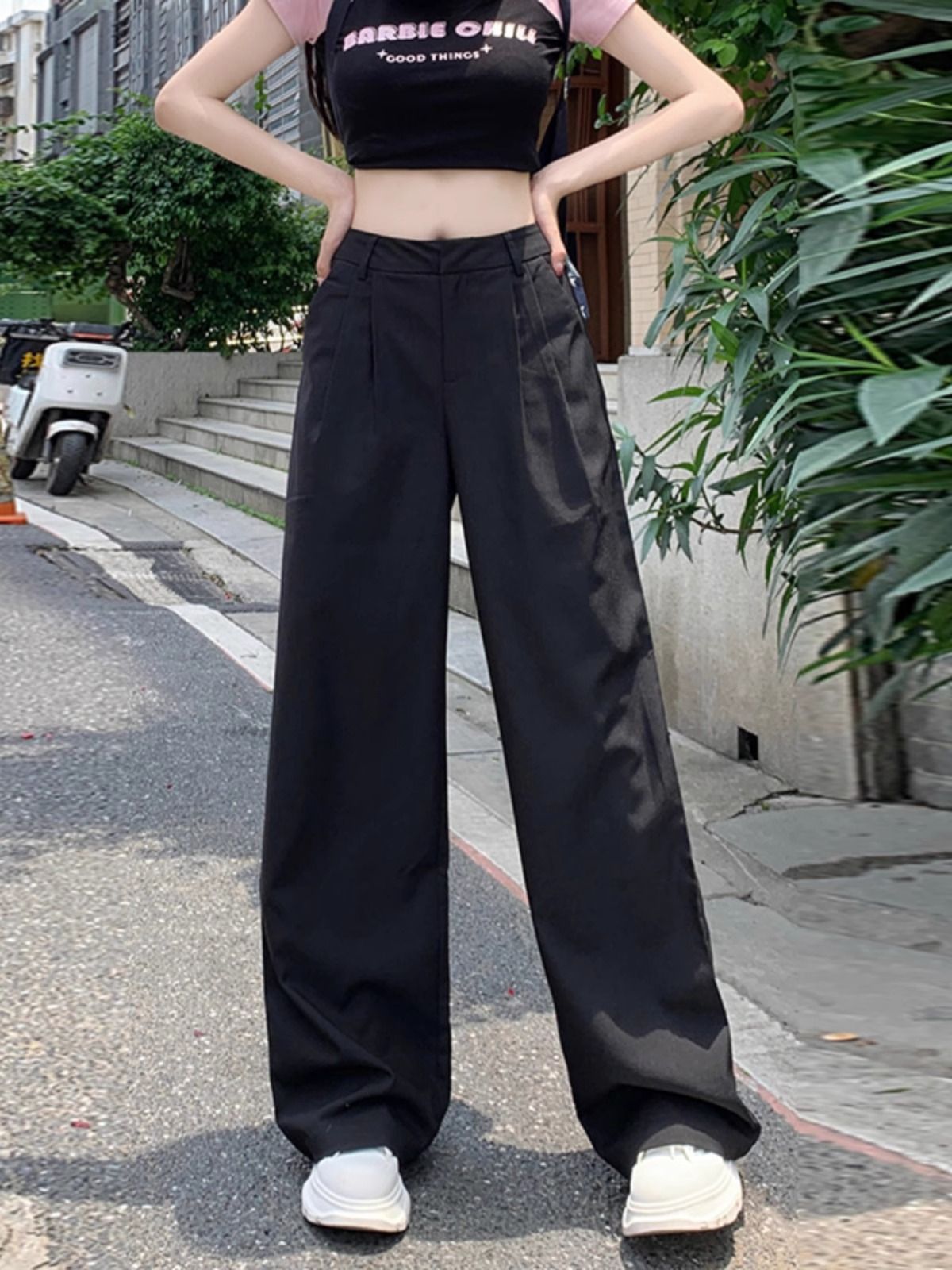 黑色美式闊腿工裝褲女夏季薄款2025年新款高腰休閒直筒寬鬆拖地褲