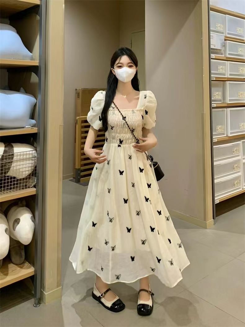 Tmall quality puff sleeve new butterfly dress summer new product slim square collar high-end floral skirt fairy skirt