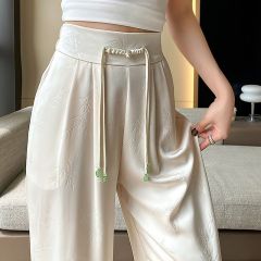 High-end ice silk new Chinese style Chinese style folding wide-leg pants for women 2025 summer thin jacquard casual pants for women sun protection