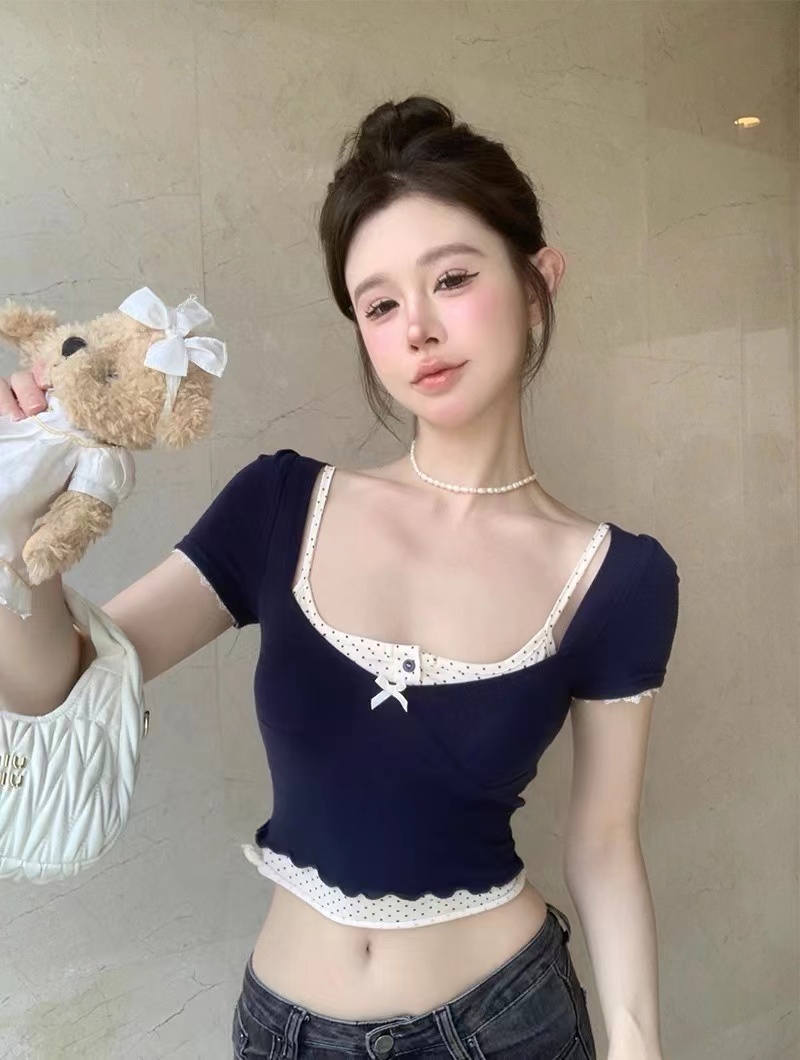 260克人棉兩件套法式波點吊帶女帶胸墊+辣妹蝴蝶結修身短袖上衣