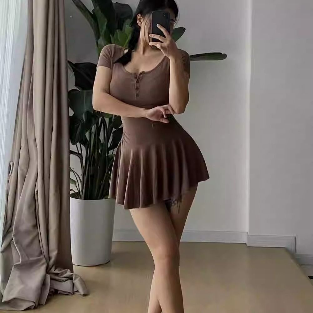 灰色u領短袖連衣裙女裝夏季小個子收腰短裙學院風洋氣減齡a字裙子