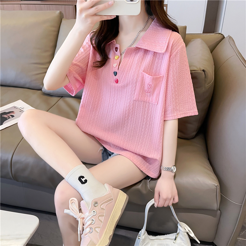 Real photo of the flower-poured back bag collar short sleeve T-shirt for women's thin POLO collar loose short large size top