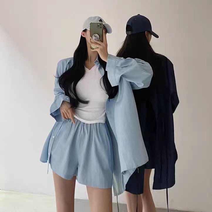 韓國chic 天絲時尚設計感襯衫寬鬆防曬襯衣+鬆緊腰短褲套裝
