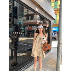 The Niameyla Painting Studio's Double Layer Tank Dress with Drawstring Design, Polka Dot Backless Dress