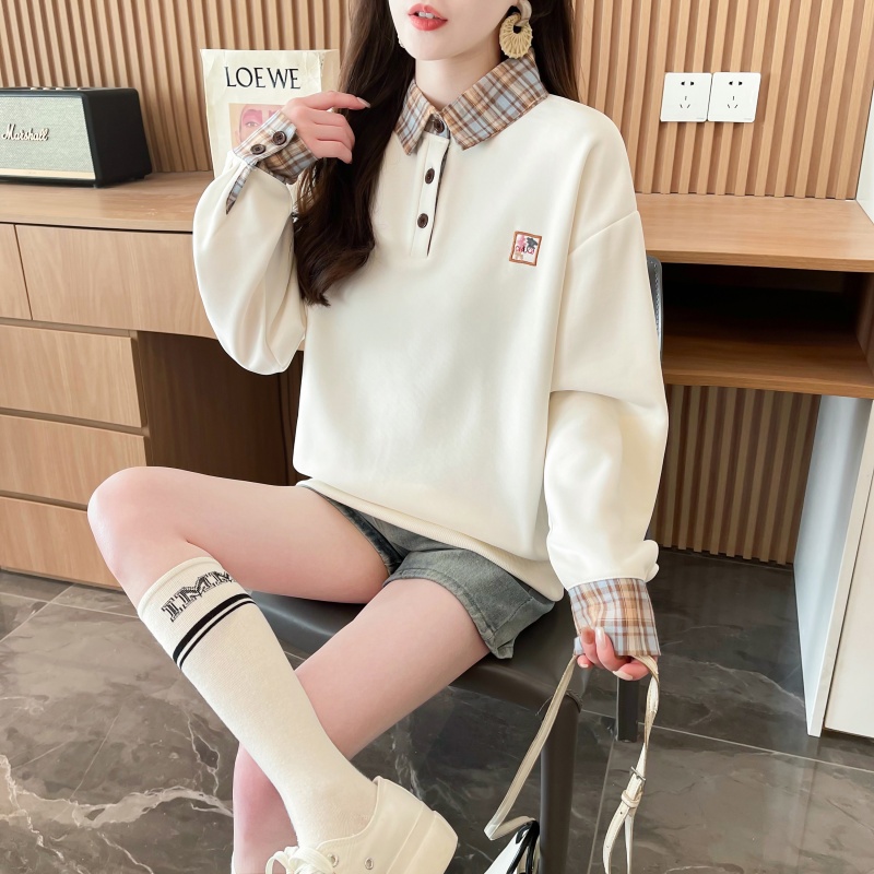 Real photos of Hua Cotton Compound Milk Silk Spring and Autumn Thin Long Sleeve Sweatshirt Women's Korean version loose slim design top Internet celebrity