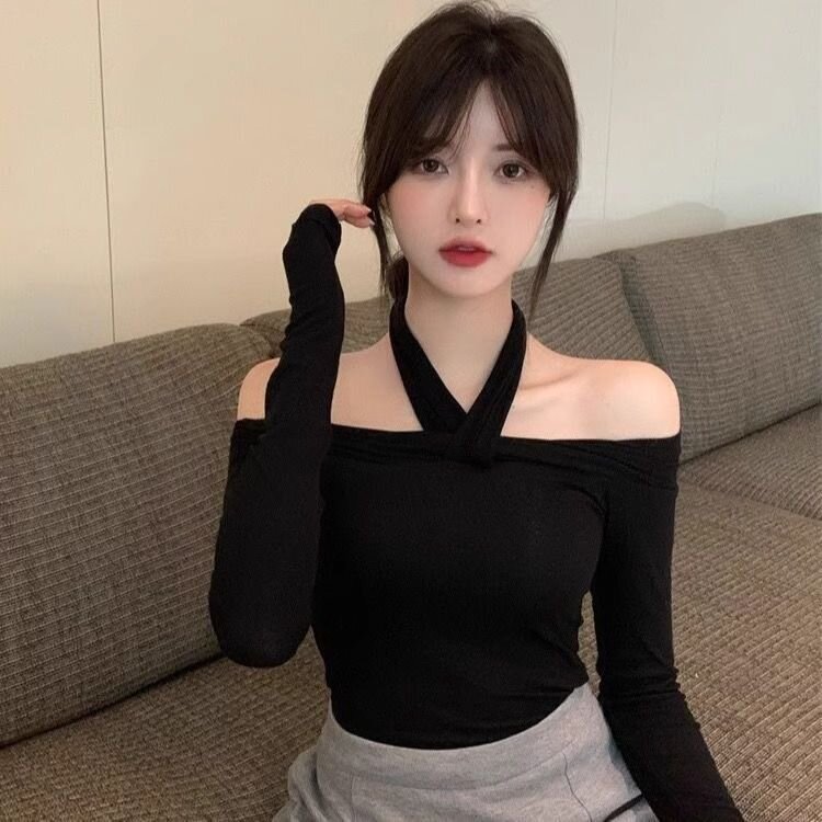 Official picture 2*2 threads 250g Spring and autumn style one-shoulder halter neck sexy top for women long-sleeved T-shirt *** base shirt