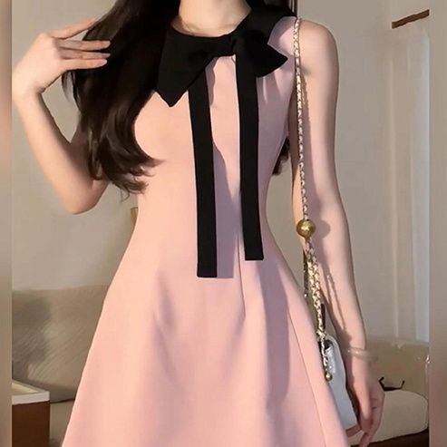 Small and gentle temperament summer French new style pink lace-up bow waist-hugging slimming dress