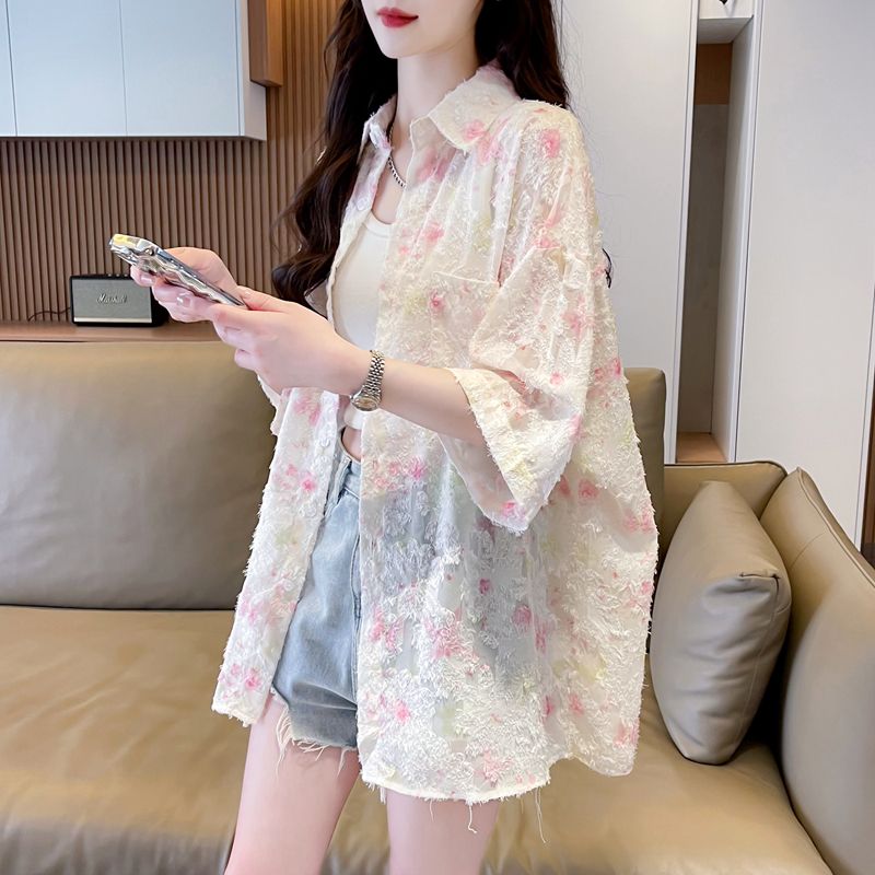 First-time real shot 100 polyester short-sleeved shirt for women with large size fat mm jacket