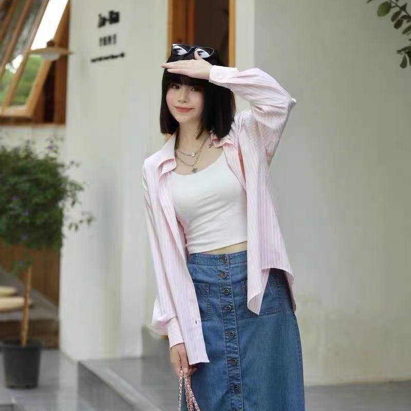 Korean sweet pink striped shirt for women's spring and summer thin jacket niche design inner top long sleeve shirt