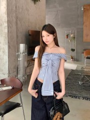 Real photo of one-shoulder blue striped top for women's summer strap short-sleeved slim design niche top