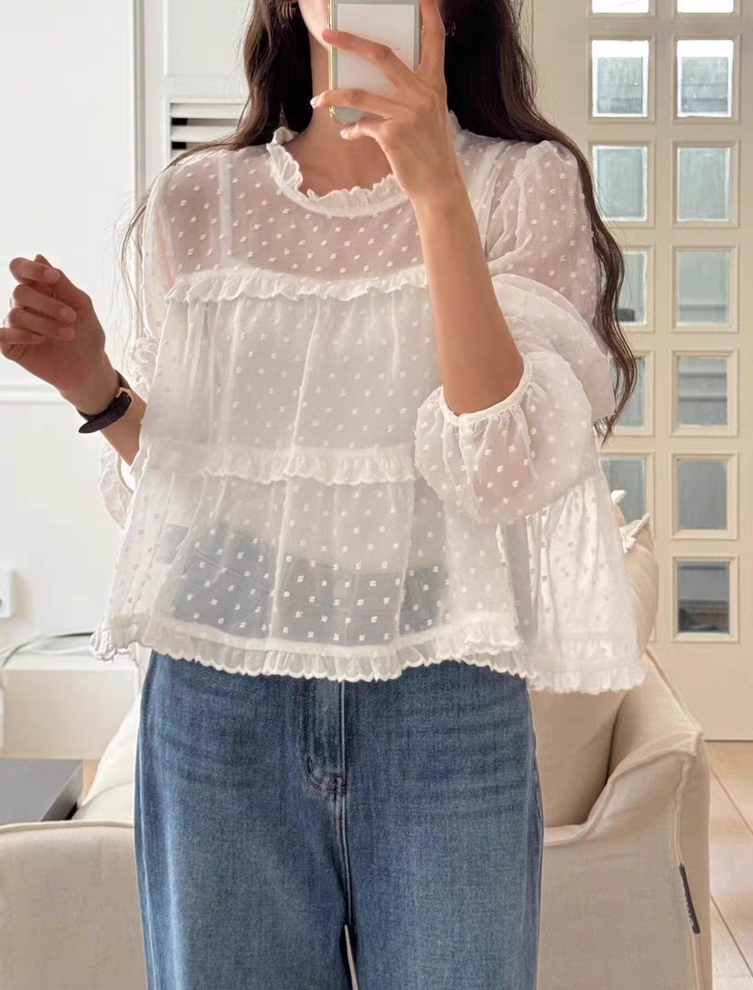 韓國chic復古甜美木耳邊微透減齡搭配吊帶上衣蕾絲襯衣