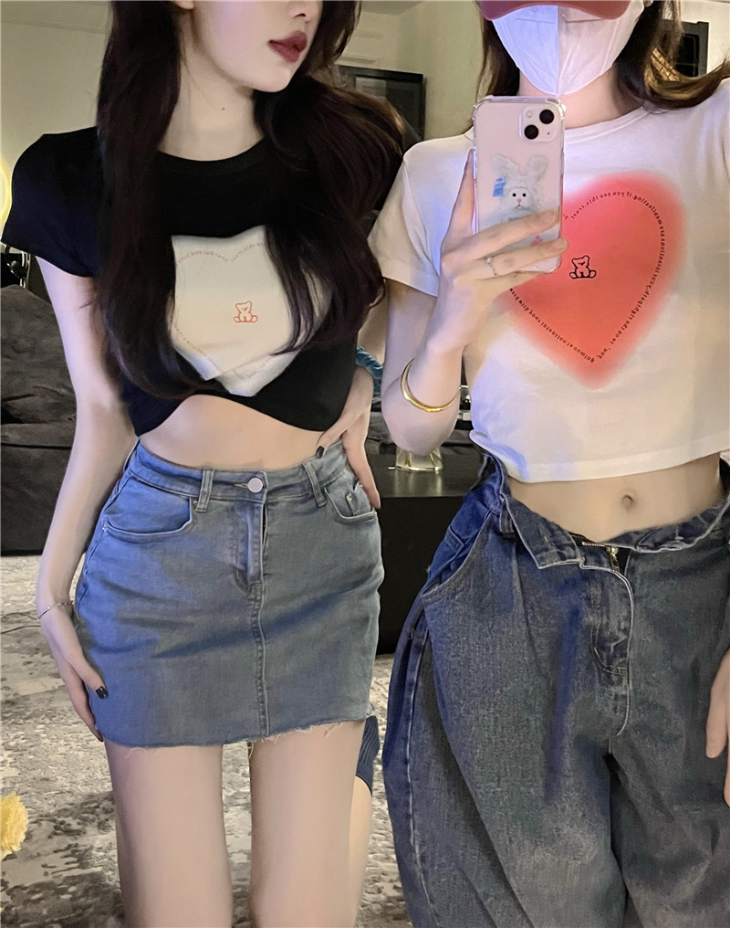 韓國外貿韓版新款短袖t恤女ins潮夏季甜辣妹愛心高腰露臍短款女