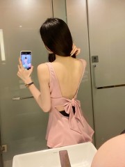 實拍韓系氣質減齡高級感收腰粉色純欲性感露背蝴蝶結辣妹上衣