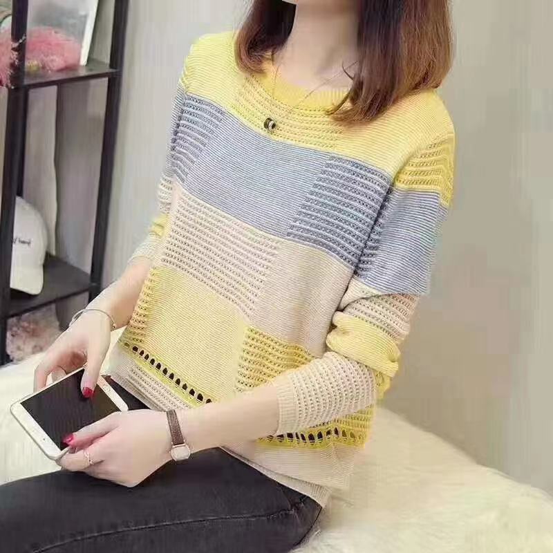 早秋新款女裝韓版拼色寬鬆條紋長袖打底衫針織衫套頭秋裝外套