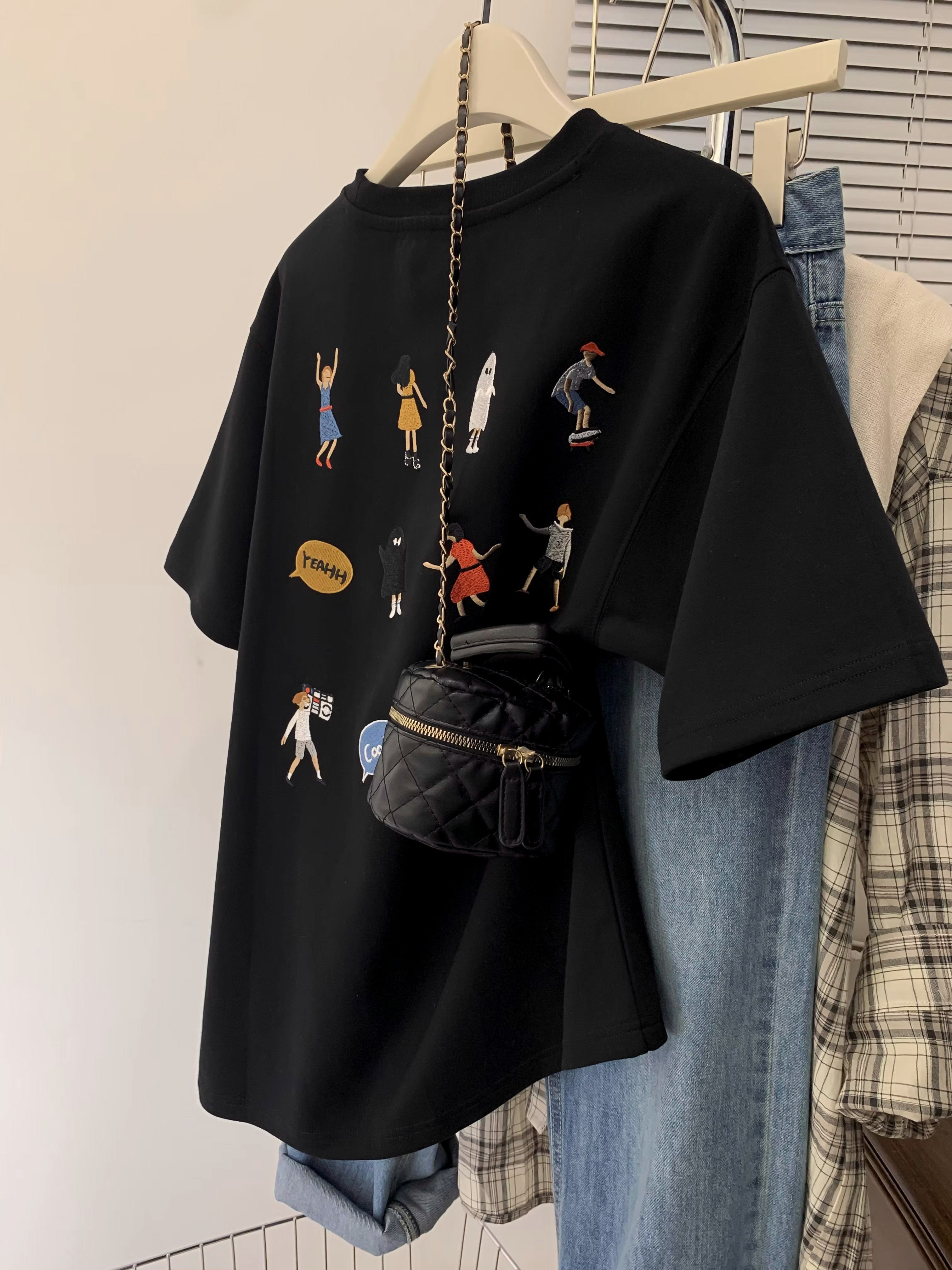 Super cool cotton 200g back bag 240 catties large size embroidered villain T-shirt for summer women