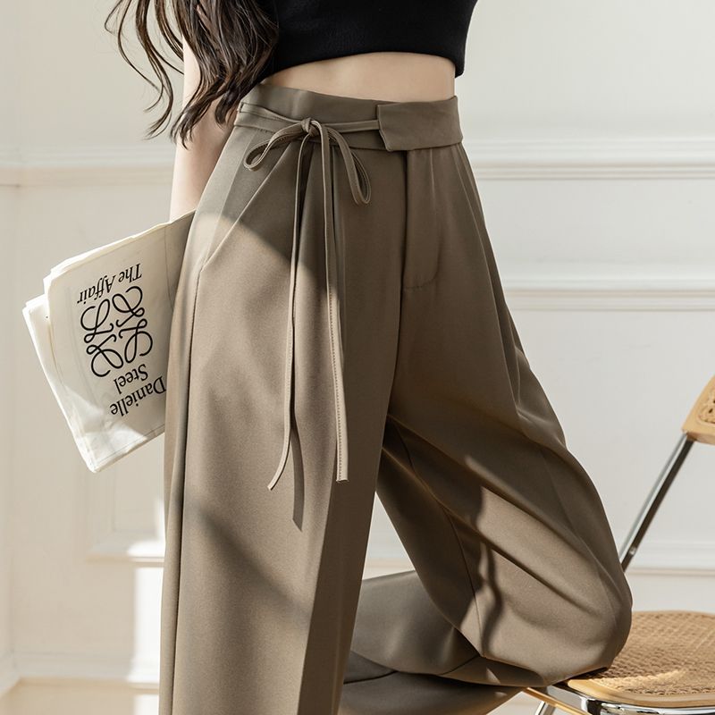 Women's Straight Belted Suit Pants Autumn Petite High-Waisted Flowy Wide-Leg Pants 2025 New Western Pants Casual Trousers