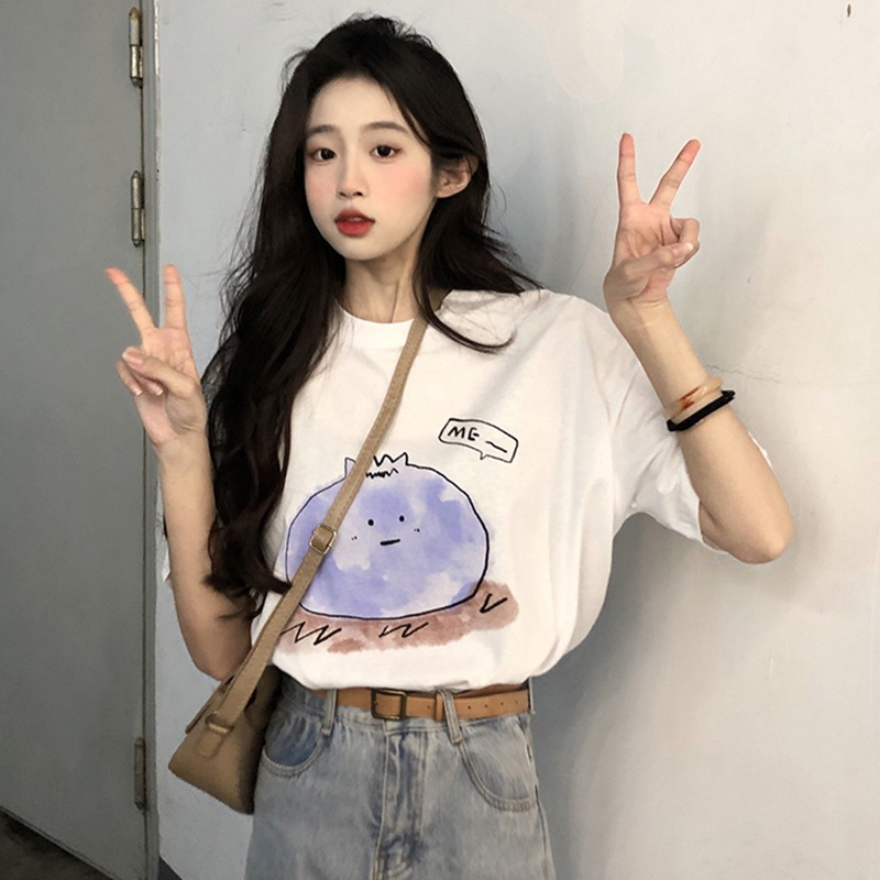 外貿夏季韓版ins港味復古塗鴉印花短袖T恤女潮學生寬鬆百搭上衣
