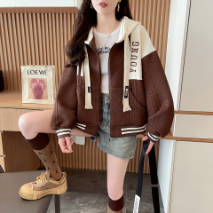 First real-time jacquard baseball uniform 2025 new hooded top large size college style retro loose cardigan for women