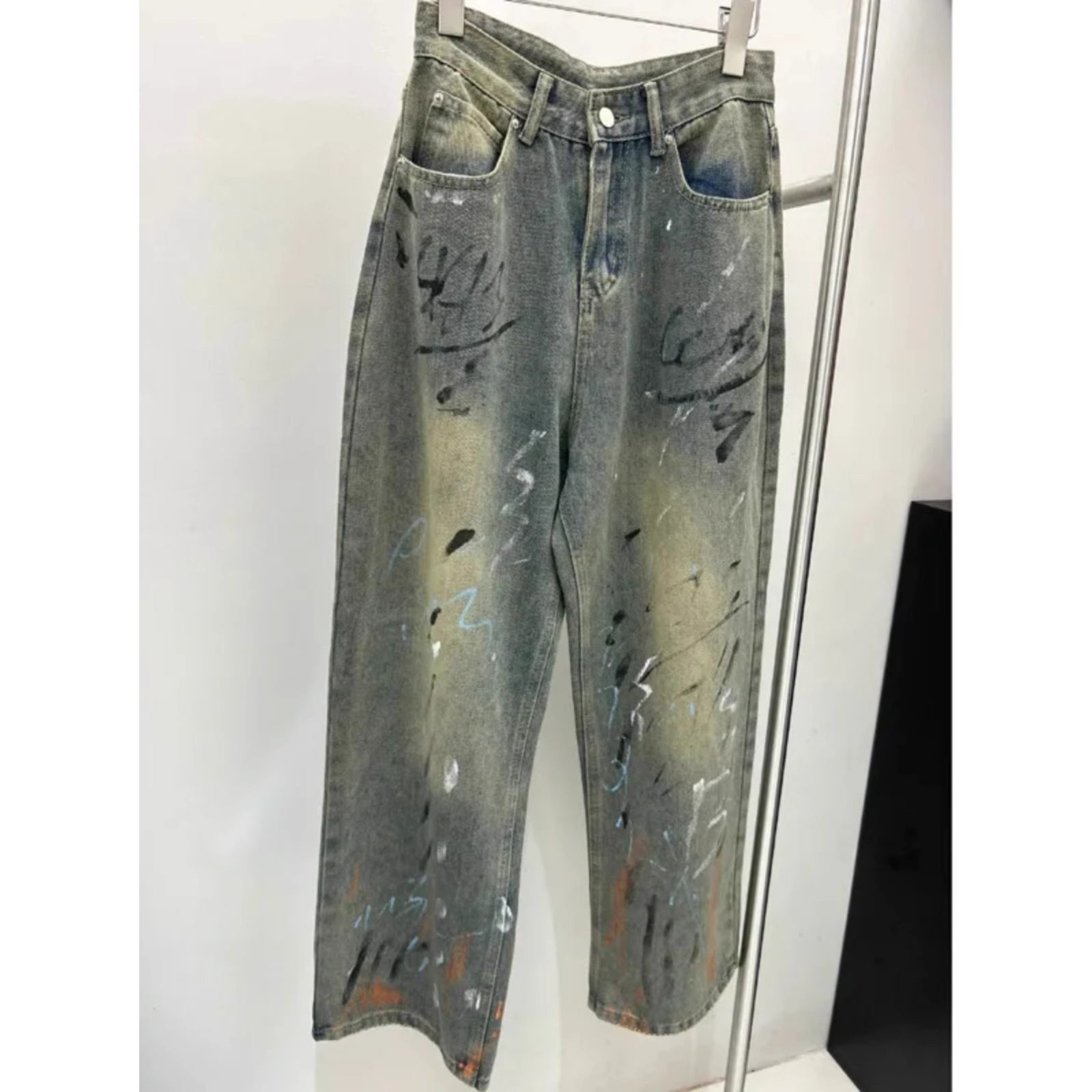 American high street painted graffiti wide-leg jeans for women in autumn new style old wasteland style design straight-leg pants