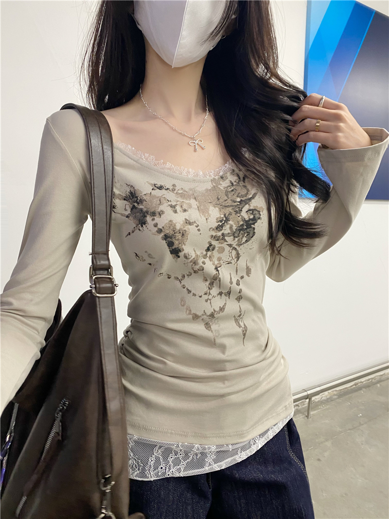Real photo of printed knitted top for women lace building T-shirt