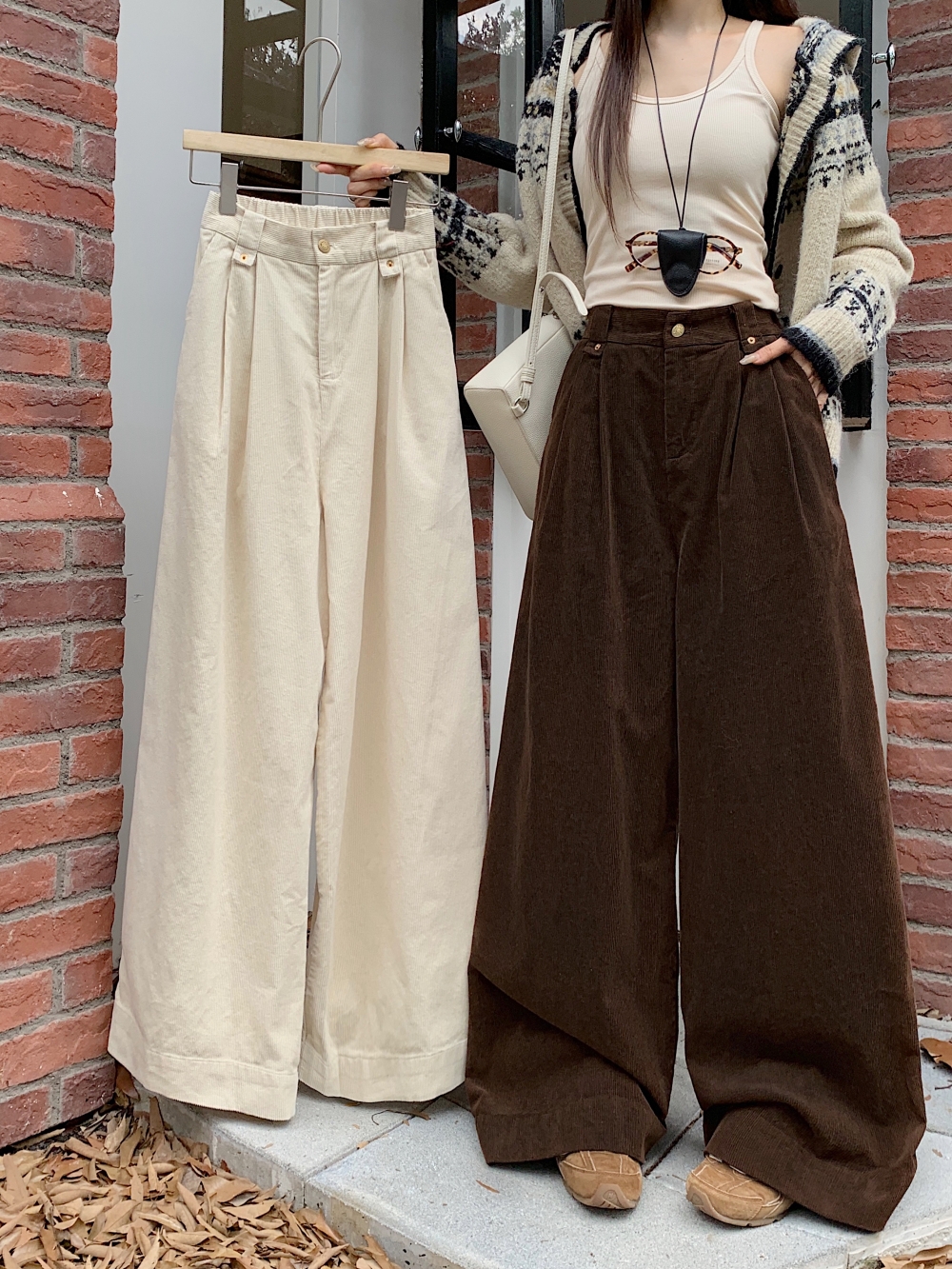 Real photo Corduroy loose retro wide-leg pants high waist straight-leg casual pants solid color versatile trousers women