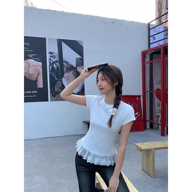 260g white round neck lace edge spliced ​​short-sleeved T-shirt for women
