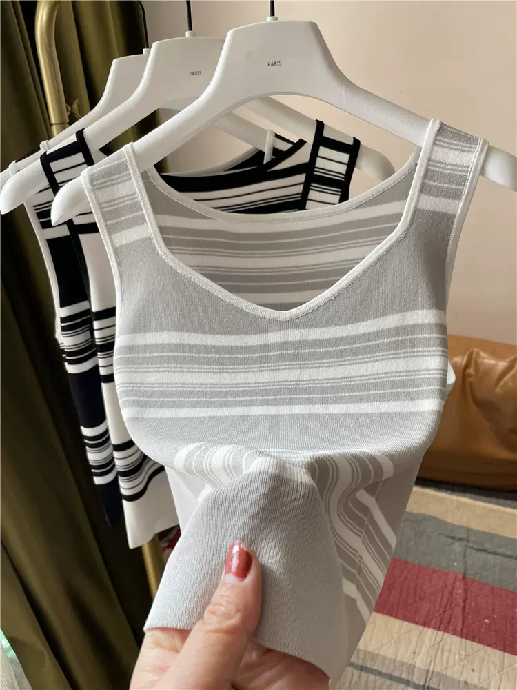 New summer knitted striped suspender vest Korean style fashionable and unique V-neck inside and outside wearing base to make you look slim top