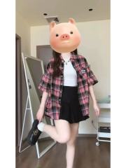 高級感撞色格子短袖襯衫女夏季復古oversize休閒情侶襯衣外套潮牌