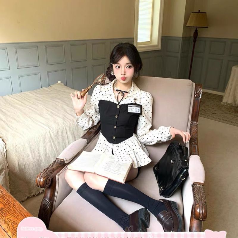 織物豬miu系千金風波點襯衫女甜美收腰顯瘦撞色設計感假兩件上衣