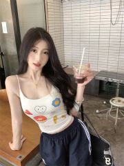 1*1莫代爾純欲塗鴉印花自帶胸墊吊帶女夏背心甜辣妹內搭上衣美背