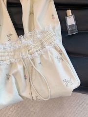 2025 Spring New Lace Spliced ​​Puppy Print Straight-Carded Leisure Pants Wide Leg Pants