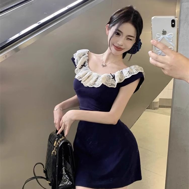 韓版氣質藍色短袖連衣裙女夏季蕾絲拼接顯瘦短裙褶皺收腰包臀裙子