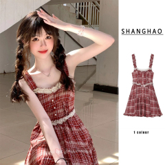 French retro sweet red gingham strap summer petite patchwork lace cinched waist short dress