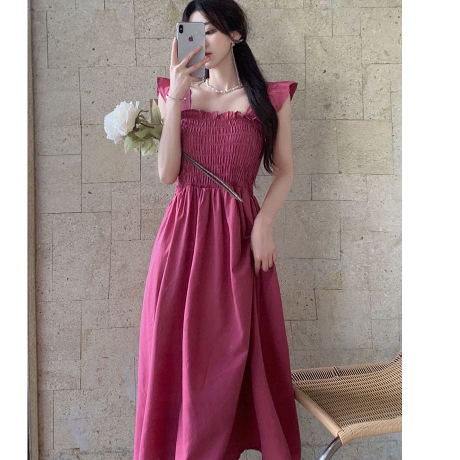 New summer French style small flying sleeve pleated waist dress Hepburn style square collar tea break midi skirt