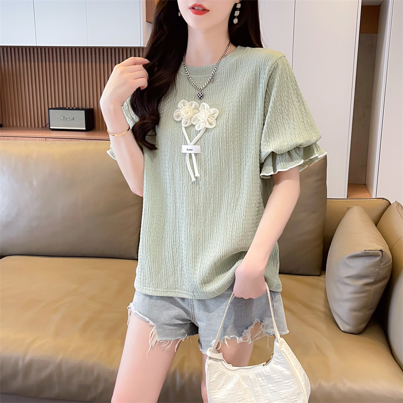 First-time real photo, polyester 100 new versatile round neck solid color loose top for women's fashion T-shirt