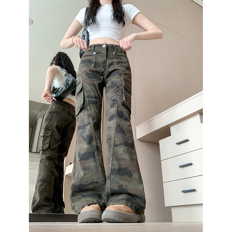 實拍 韓系美式迷彩微喇工裝褲女新款多口袋辣妹顯瘦休閒直筒褲子