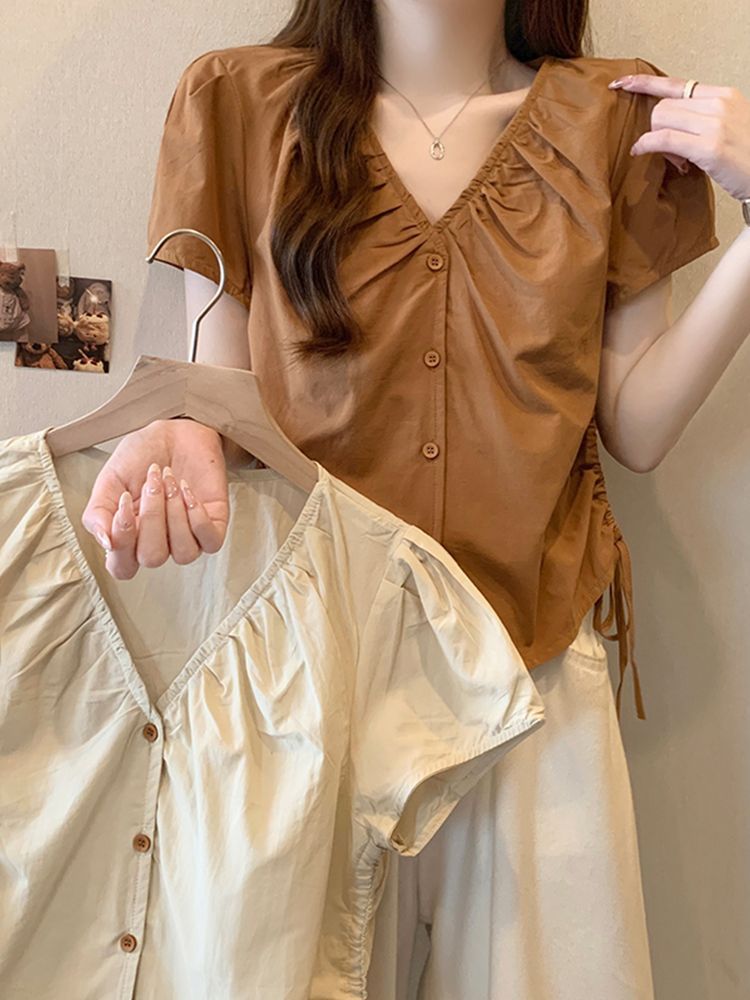 新款v領抽繩正肩短袖襯衫女2025夏裝大碼收腰遮肚子短款上衣褶皺