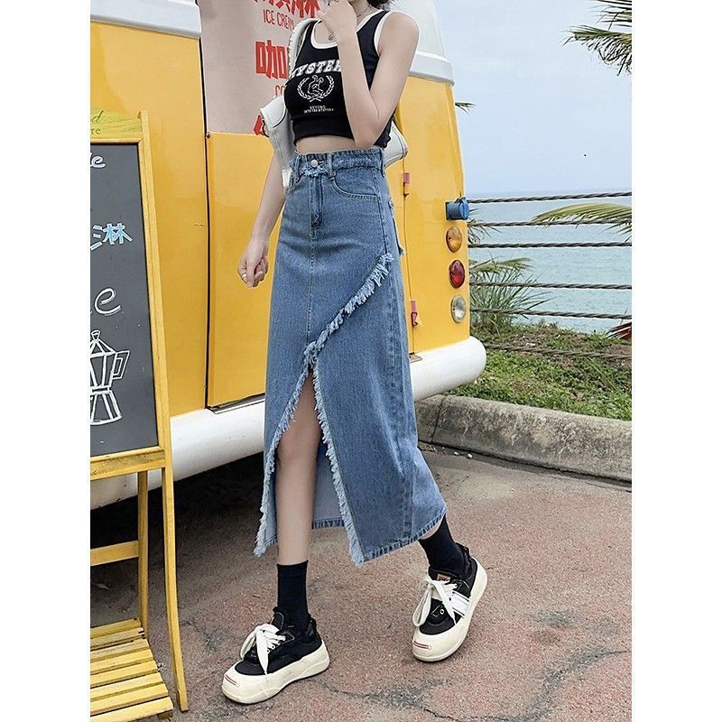 百搭開叉牛仔半身裙女新款春夏韓版高腰顯瘦中長款a字包臀牛仔裙