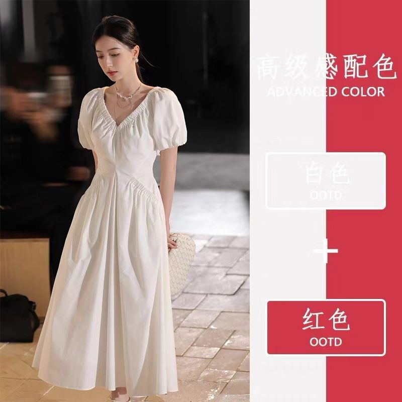 白色女神范高級感連衣裙女2025夏季新款法式V領顯瘦氣質初戀長裙