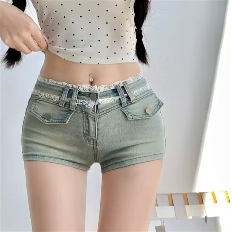 ins hot girl style lace edge spliced ​​low waist denim shorts for women summer 2025 new tight hip lifting A-line hot pants