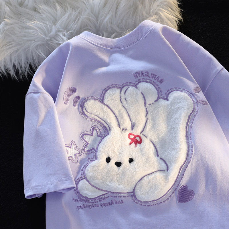 Official picture pure cotton 200g quality 240 catties large size towel embroidered college style rabbit T-shirt