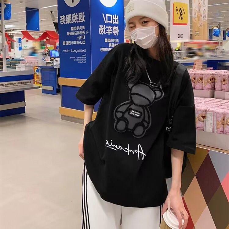 2025夏季新款寬鬆韓版洋氣減齡顯瘦小熊設計感上衣灰色T恤女