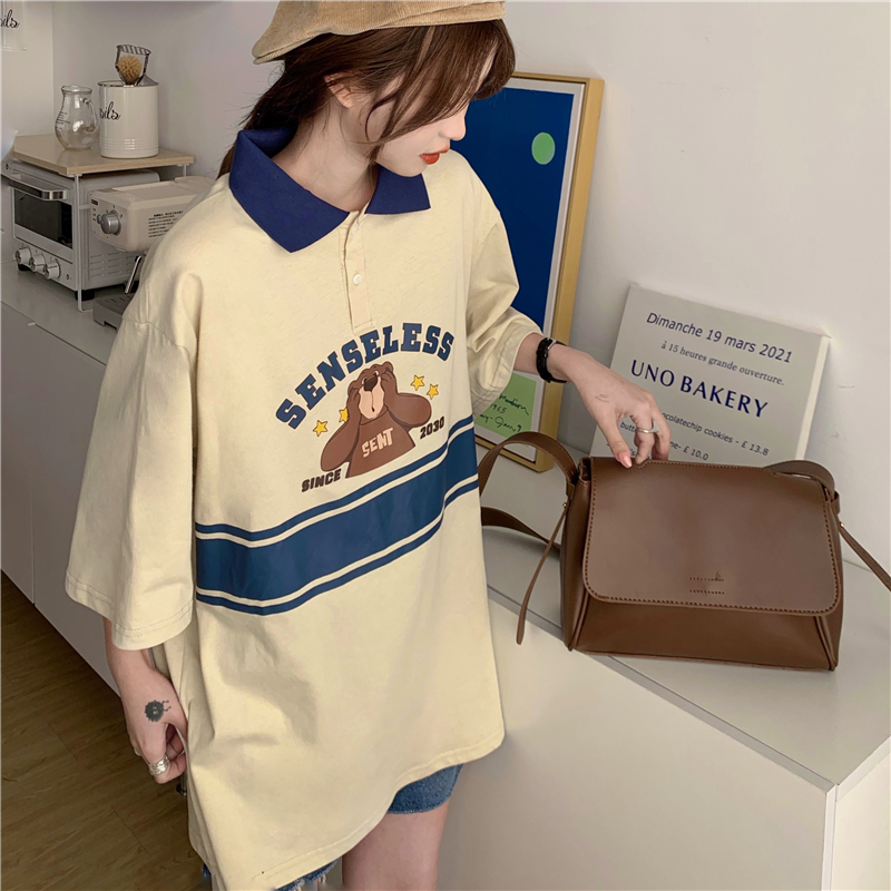 Real shot 6535 cotton retro cartoon contrasting color bear T-shirt short-sleeved Polo shirt summer