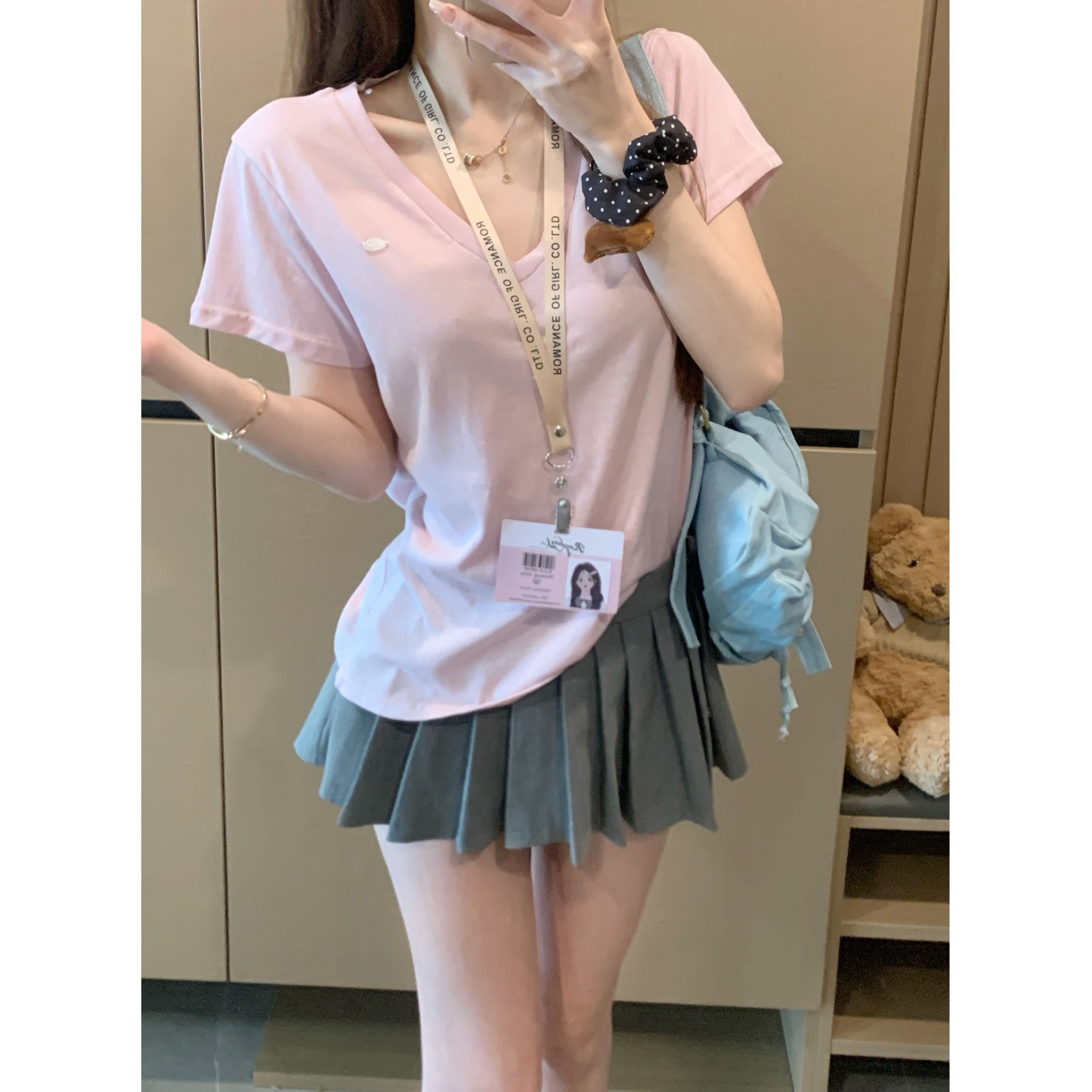 天絲甜美風減齡粉色短袖T恤女裝夏季設計感休閒寬鬆套頭上衣