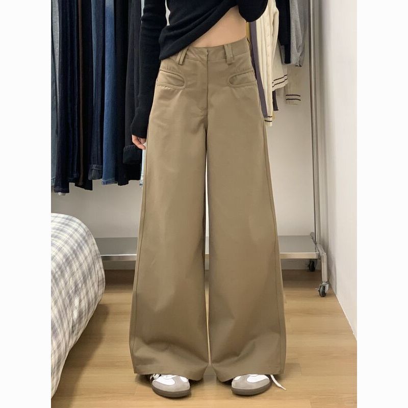 美拉德卡其翻袋寬鬆闊腿褲春夏2025新款休閒褲女設計感垂感拖地褲