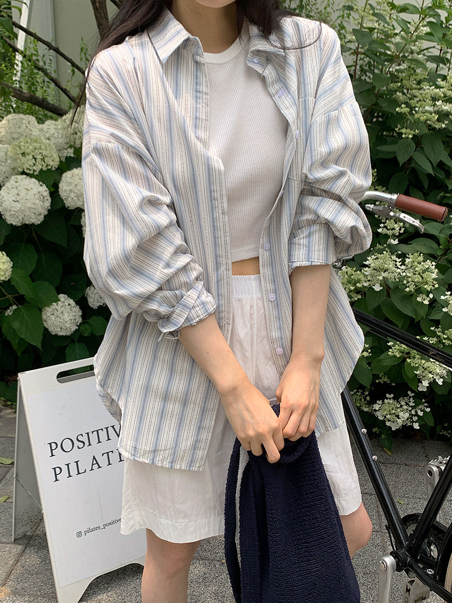 原版 韓國ins 夏威夷風 寬鬆 條紋防曬襯衣 女長袖襯衫上衣
