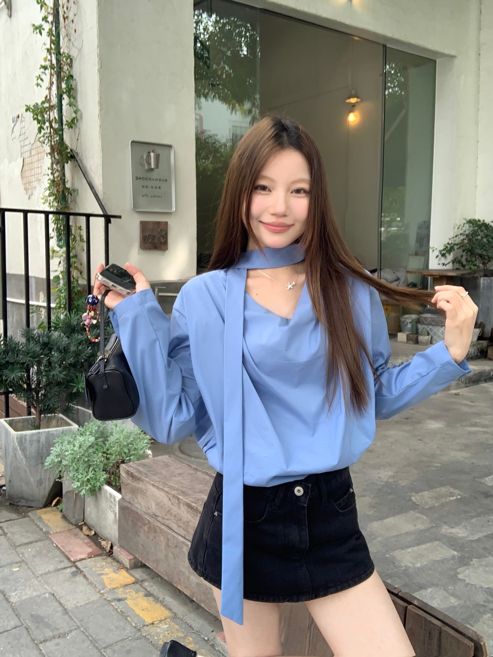 Real shot, elegant and simple style, lace-up style, streamer, V-neck, long-sleeved shirt, women's spring