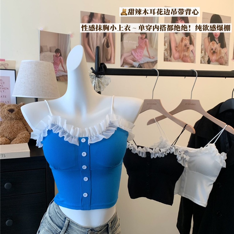 New spring style fashionable spliced ​​lace short strap suspender base V-neck slim vest top for women